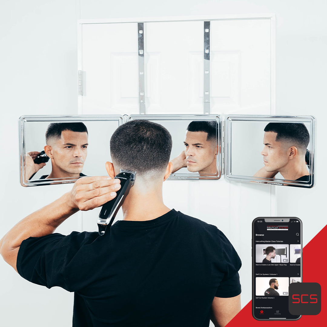SELF-CUT SYSTEM Travel Version - Three Way Mirror for Self Hair Cutting  with Height Adjustable Telescoping Hooks and Free Educat
